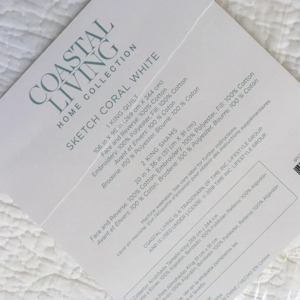 brand new WHITE 3-pc Coastal Living KING Embroidered Coral 100% Cotton Quilt Set